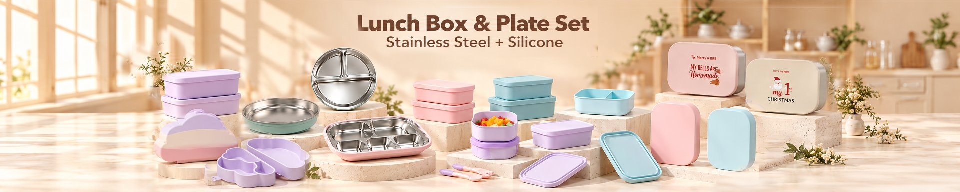 Jewelives Lunch Box & Plate Set - Stainless Steel + Silicone